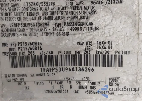 2006 Ford Taurus Se из США, поврежденный, VIN 1FAFP53U96A136296